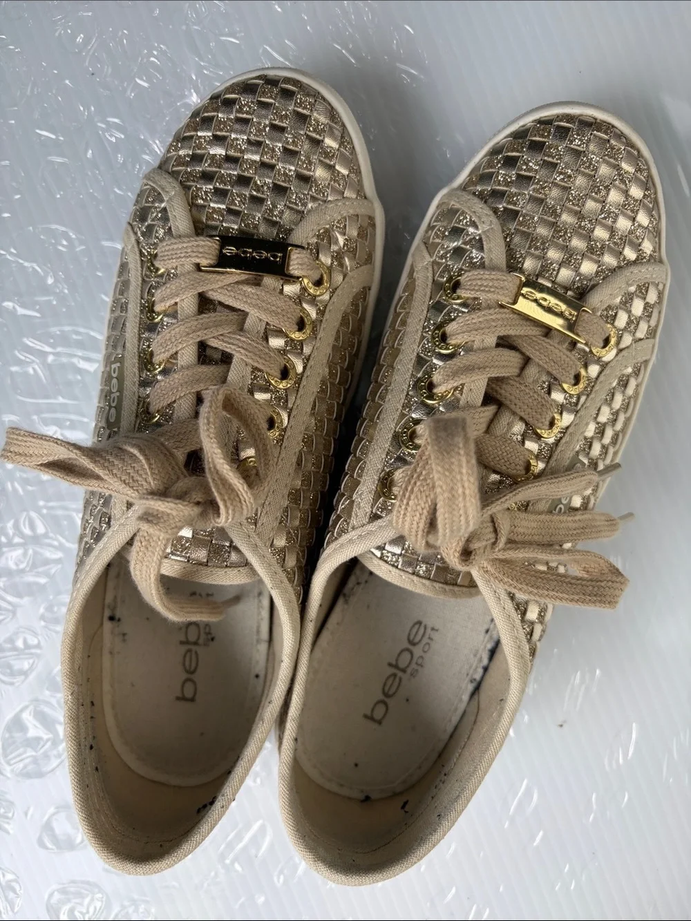bebe Metallic Beige Woven Lace-Up Sneakers with Gold Accents